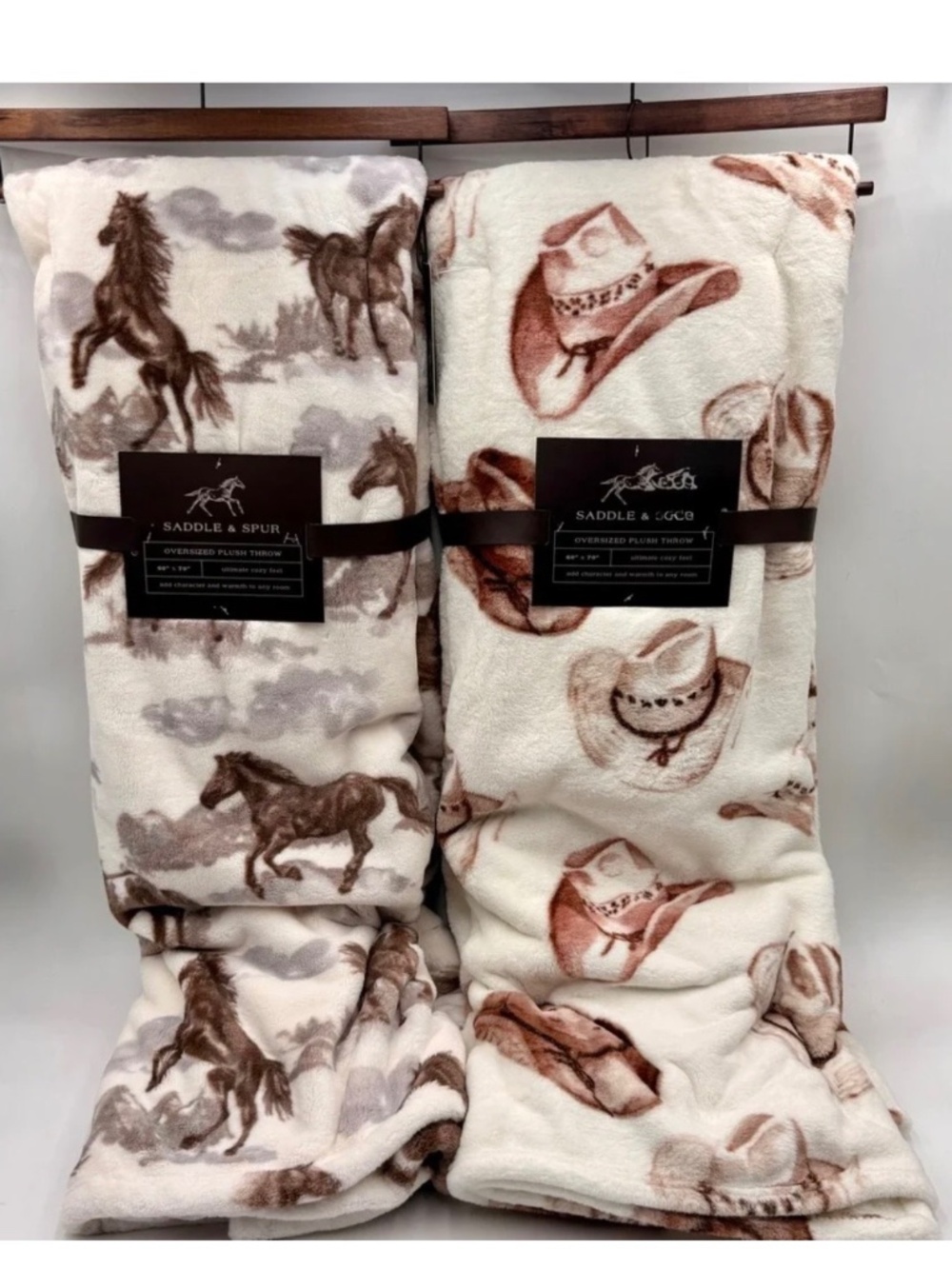 Saddle & Spur Oversized Plush Throw Blanket Set 2 Western Horse Cowgirl Hat